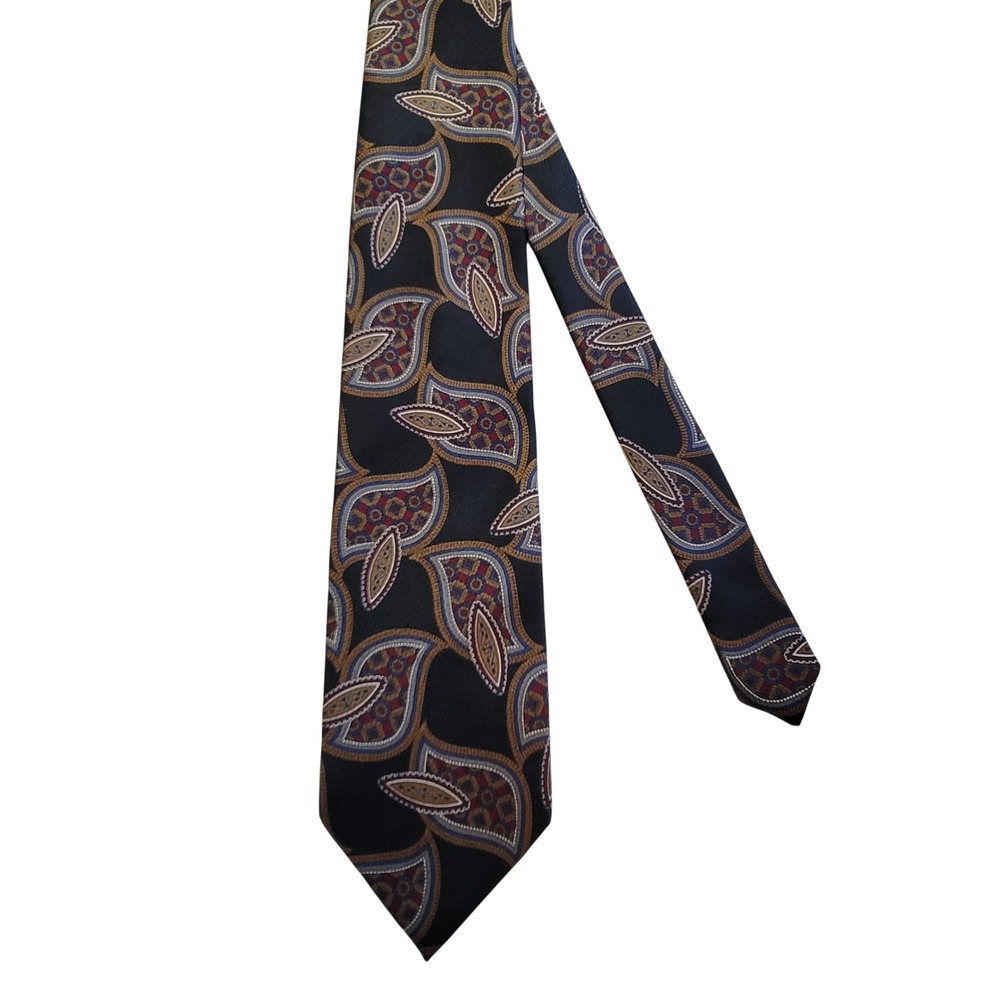 Geoffrey Beene Silk Tie Mens OS Black Gold Paisley Medallion Hand Made‎ Italy